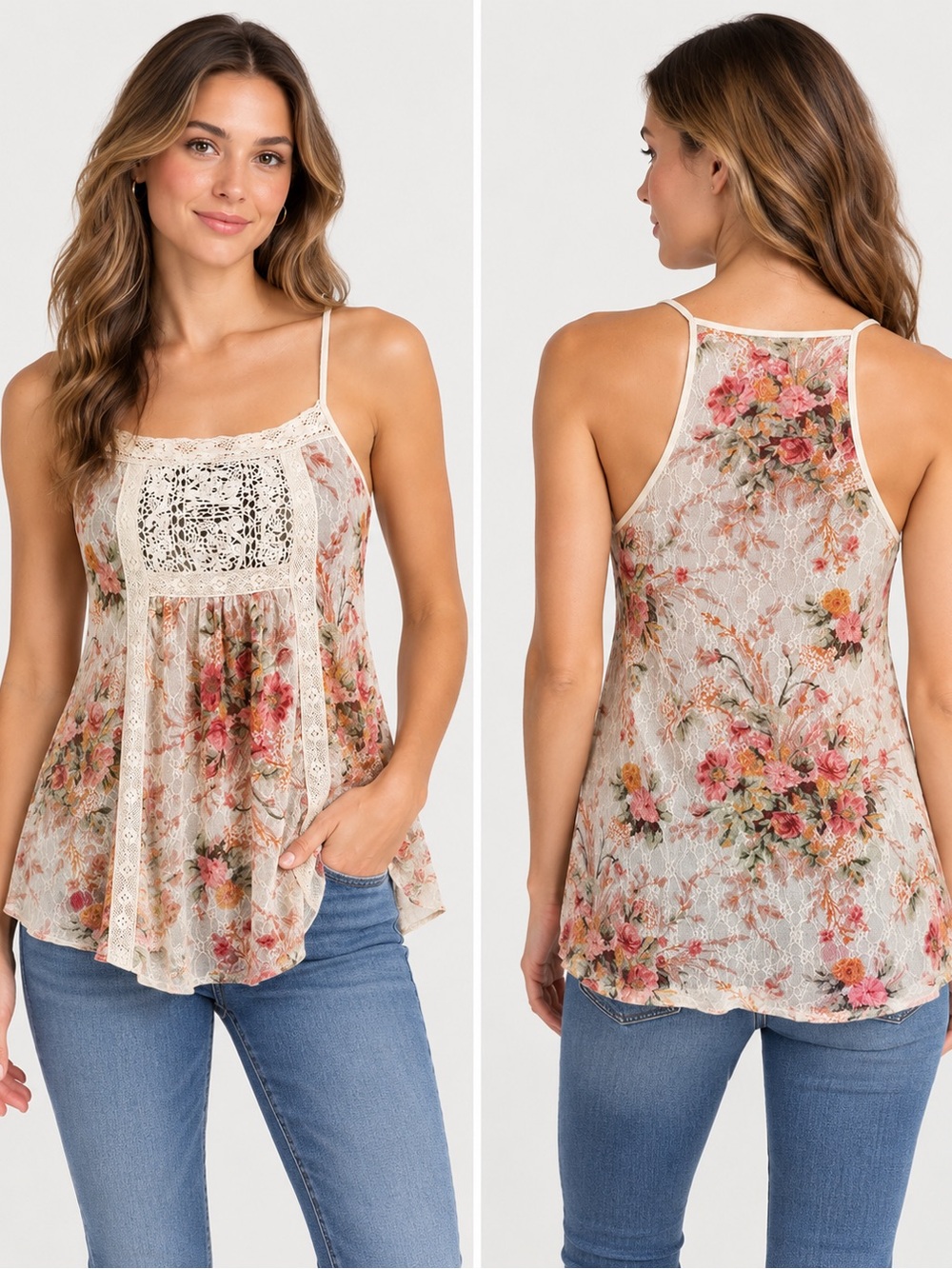 Ralph Lauren Cream Floral Lace-Panel Spaghetti-Strap Camisole S